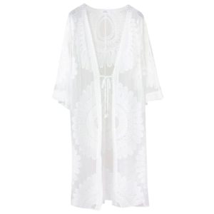 Long White Lightweight Summer Cardigan 2025 Sheer Lace Mesh Crochet Boho Open Front Cover Up Swimsuit Swimwear Bathing Suit