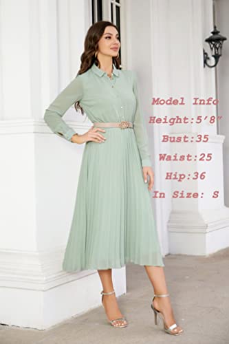 Business Casual Shirt Dress for Women Long Sleeves Pleated Midi Dresses with Belt