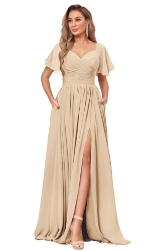 Women's Chiffon Flutter Sleeve Bridesmaid Dress Long with Slit V-Neck Pleated Formal Evening Party Gowns