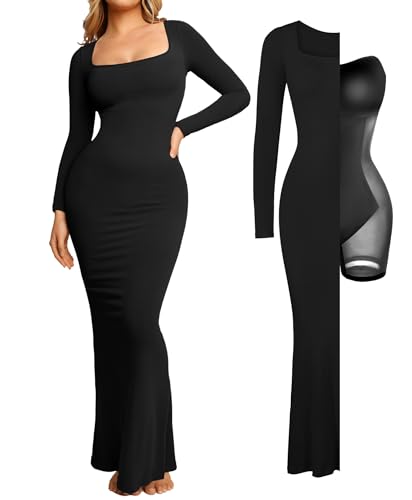 Long Sleeve Maxi Dress Bodycon Cocktail Dress Shapewear Tummy Control Fall Formal Dresses Built-in Bra