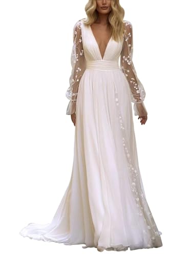 Long Sleeves Wedding Dresses for Bride Lace Chiffon A Line Long Beach Bridal Dress for Women
