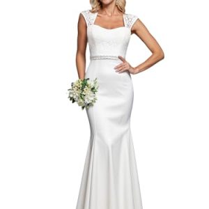 Women's Elegant Lace Cap Sleeve V Neck Beading Mermaid Wedding Dresses for Bride 00218