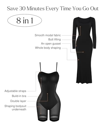 Long Sleeve Maxi Dress Bodycon Cocktail Dress Shapewear Tummy Control Fall Formal Dresses Built-in Bra