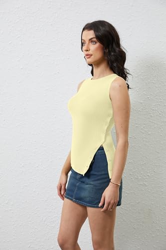 Women Asymmetrical Button Down Side Split Sleeveless Tank Tops Boat Neck Slim Fit Summer Casual Side Button Knit Vest