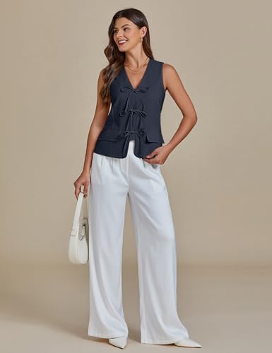 Linen Vest for Women Trendy Sleeveless Tie Front Tops Summer Casual Top Waistcoat Suit Vests with Pockets