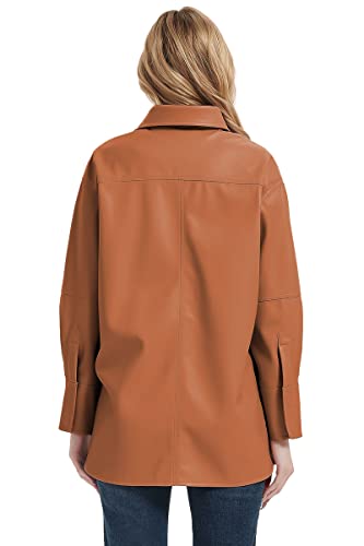 Women Faux Leather Shacket Jacket,Spring Fall Vegan Pleather Casual Lapel Button Down Long Sleeve Shirts