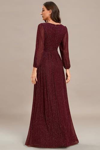 Women's A-Line Long Lantern Sleeves Formal Gowns Empire Waist Long Glitter Evening Dress