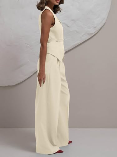 Women's 2 Piece Outfits Sleeveless Tie Waist Suit Vest and Wide Leg Pants Business Casual Blazer Sets