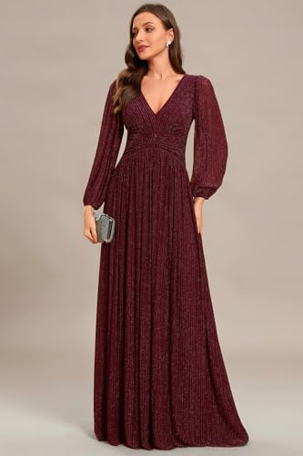 Women's A-Line Long Lantern Sleeves Formal Gowns Empire Waist Long Glitter Evening Dress