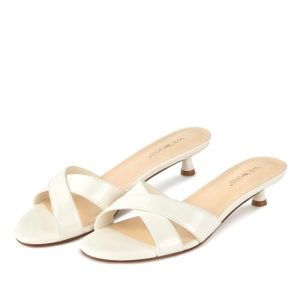 Womens Heeled Sandals Open Round Toe Slip on Kitten Heel Mules Low Heel Slide Sandals for Women Cross Strap Backless Mule Flats