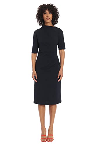 Women's Side Pleat Dress with Asymmetric Neck and Elbow Sleeves