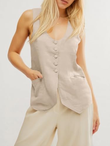 Womens Scoop Neck Blazer Vest Summer Linen Sleeveless Fitted Waistcoat Work Casual Cotton Suit Tops