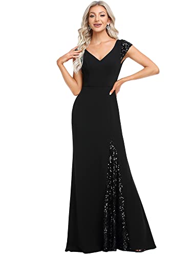 Women's V-Neck Cap Sleeves Sequin Mermaid Floor-Length Evening Dresses 01586