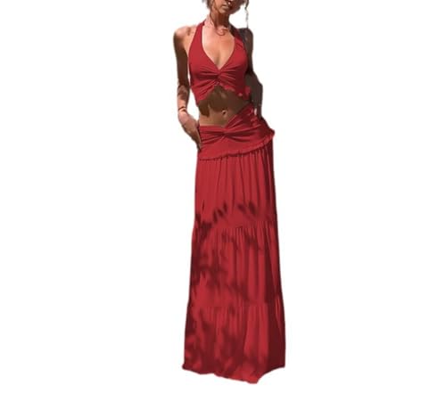 Women 2 Piece Outfits Sleeveless Strap Top Maxi Skirt Solid Color Going Out Vacation 2 Piece Sets for Women