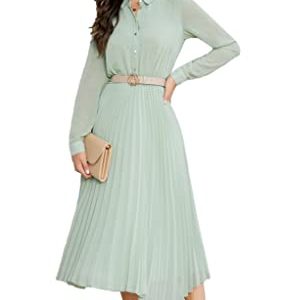 Business Casual Shirt Dress for Women Long Sleeves Pleated Midi Dresses with Belt