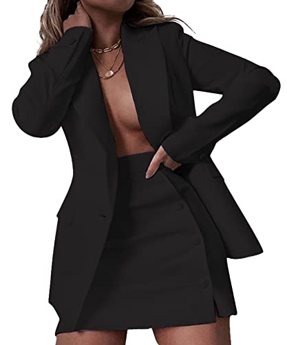 Women's 2 Piece Blazer and Skirt Suits, Open Front Blazer Jackets + Side Slit Mini Skirts