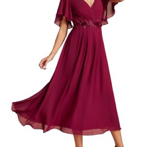 Women's Cocktail Dresses V Neck A-Line Elastic High Waist Wedding Guest Evening Party Maxi Dress 02093