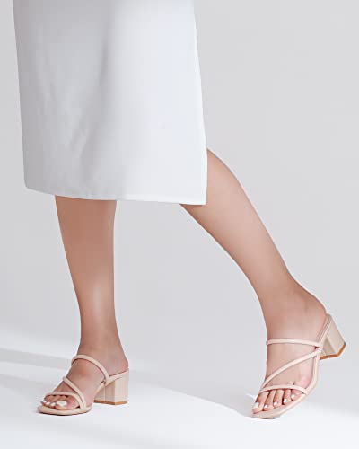 Strappy Heels For Women Low Chunky Block Heel Heeled Sandals Square Open Toe Slip On Slides Mules