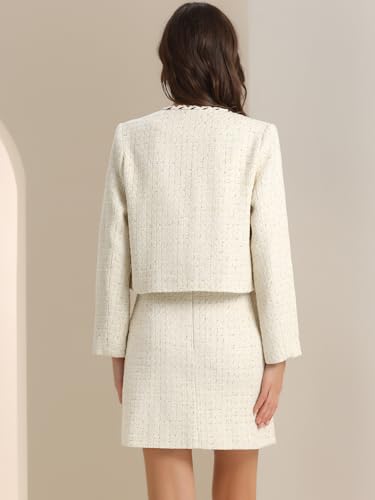 2 Piece Tweed Plaid Skirt Set for Women's Business Collarless Blazer and Mini Skirt Suit Sets