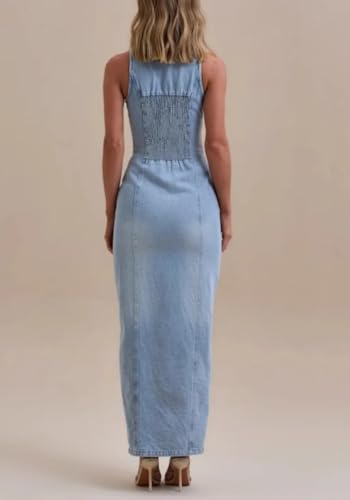 Women's Casual Button Down Maxi Denim Dresses Sexy Bodycon Sleeveless V Neck A-Line Long Jean Skirt Dress