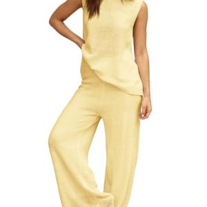 Women's 2 Piece Lounge Set Bow Sweater Vest Wide Leg Pants Summer Matching Sets Travel Outfits Knit Tracksuit Sweatsuit