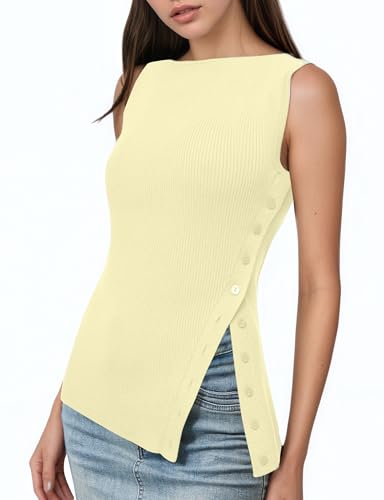 Women Asymmetrical Button Down Side Split Sleeveless Tank Tops Boat Neck Slim Fit Summer Casual Side Button Knit Vest
