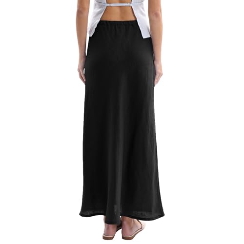Women's 100% Linen Drawstring A-Line Midi Skirt for Casual Summer Spring