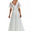 Women's Sequin Sparkly V-Neck Short Sleeve A-Line Floor Length Evening Dress 00734