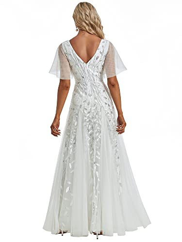 Women's Sequin Sparkly V-Neck Short Sleeve A-Line Floor Length Evening Dress 00734