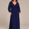 Women's V Neck Long Sleeves A Line Pleated Chiffon Plus Size Maxi Formal Evening Dresses 02235-DA