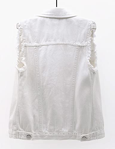 Women's Casual Denim Waistcoat Slim Fit Frayed Sleeveless Jacket Ripped Tops with Pockets