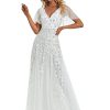 Women's Sequin Sparkly V-Neck Short Sleeve A-Line Floor Length Evening Dress 00734