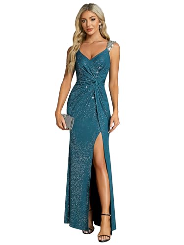 Women's V Neck Stretchy Glitter Bodycon Ball Gowns Sleeveless High Split Formal Evening Dresses 01888