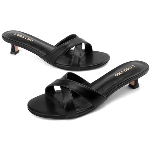 Womens Kitten Heels Low Heeled Sandals for Women Round Slip On Slides Cross Strap Open Toe Sandals
