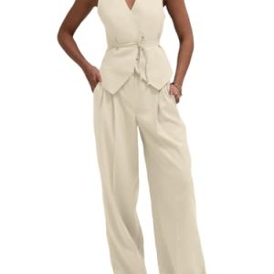 Women's 2 Piece Outfits Sleeveless Tie Waist Suit Vest and Wide Leg Pants Business Casual Blazer Sets