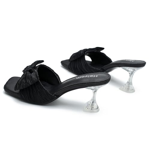 Women's Bowknot Heeled Sandals Square Toe Pleated Bow Heels Slippers Stilettos Mules Slip on Wedding Party Dress Shoe