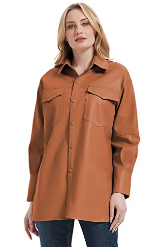 Women Faux Leather Shacket Jacket,Spring Fall Vegan Pleather Casual Lapel Button Down Long Sleeve Shirts