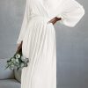 Women's Spring Midi Dress Long Puff Sleeve Wrap V Neck Flowy Ruffle Pleated Casual Fall Dresses