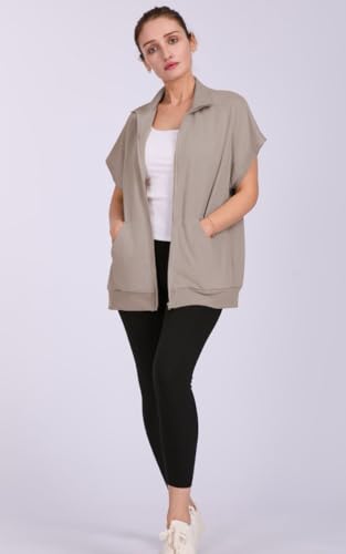 Women's Zip Up Sweatshirts Short Sleeve Lapel Oversized Summer Casual Loose Solid Sweatshirt Jacket with Pockets