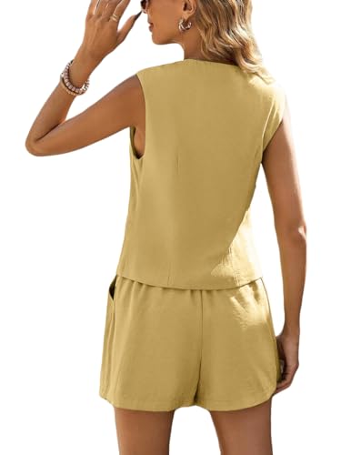 Linen Vest Tops for Women Summer Lihtweight Breathable V-Neck Button Fashion Casual Work Beach Vacation Outerwear