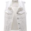 Women's Casual Denim Waistcoat Slim Fit Frayed Sleeveless Jacket Ripped Tops with Pockets