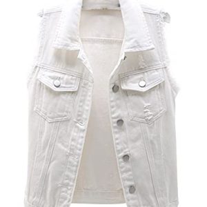 Women's Casual Denim Waistcoat Slim Fit Frayed Sleeveless Jacket Ripped Tops with Pockets