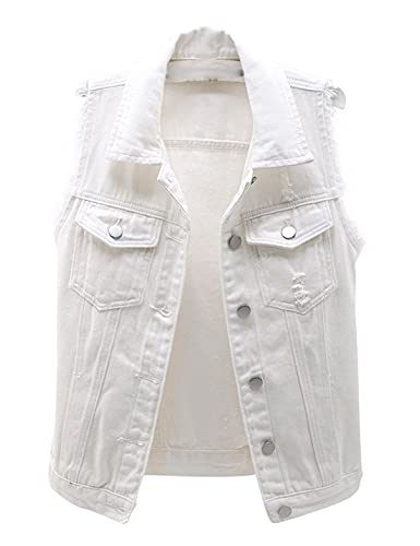 Women's Casual Denim Waistcoat Slim Fit Frayed Sleeveless Jacket Ripped Tops with Pockets