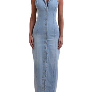 Women's Casual Button Down Maxi Denim Dresses Sexy Bodycon Sleeveless V Neck A-Line Long Jean Skirt Dress