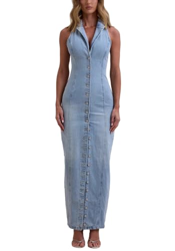 Women's Casual Button Down Maxi Denim Dresses Sexy Bodycon Sleeveless V Neck A-Line Long Jean Skirt Dress