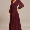 Women's A-Line Long Lantern Sleeves Formal Gowns Empire Waist Long Glitter Evening Dress