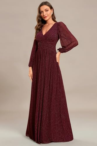 Women's A-Line Long Lantern Sleeves Formal Gowns Empire Waist Long Glitter Evening Dress