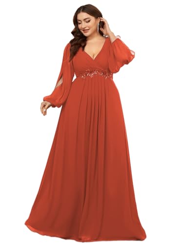 Women's Elegant Floor Length V Neck Lantern Sleeves Floral Applique Plus Size Formal Evening Dresses
