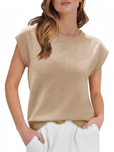 Womens Cap Sleeve Sweater Vest Summer Casual Sleeveless Knit Tank Tops Loose Fit Crew Neck Shirts Pullover
