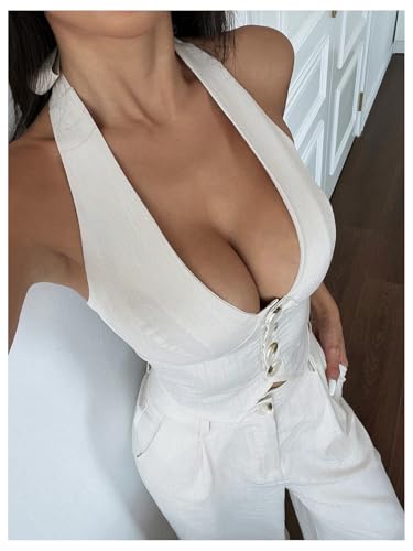Women's 2 Piece Outfits Halter Button Down Vest Crop Tops and High Waisted Pants Set